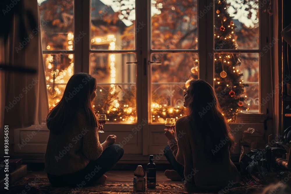 Create a warm, festive holiday ambiance with cozy chats by the decorated window, enjoying calm moments with friends. Cherish the peaceful season with loved ones in the serene setting Create a warm, festive holiday ambiance with cozy chats by the decorated window, enjoying calm moments with friends. Cherish the peaceful season with loved ones in the serene setting