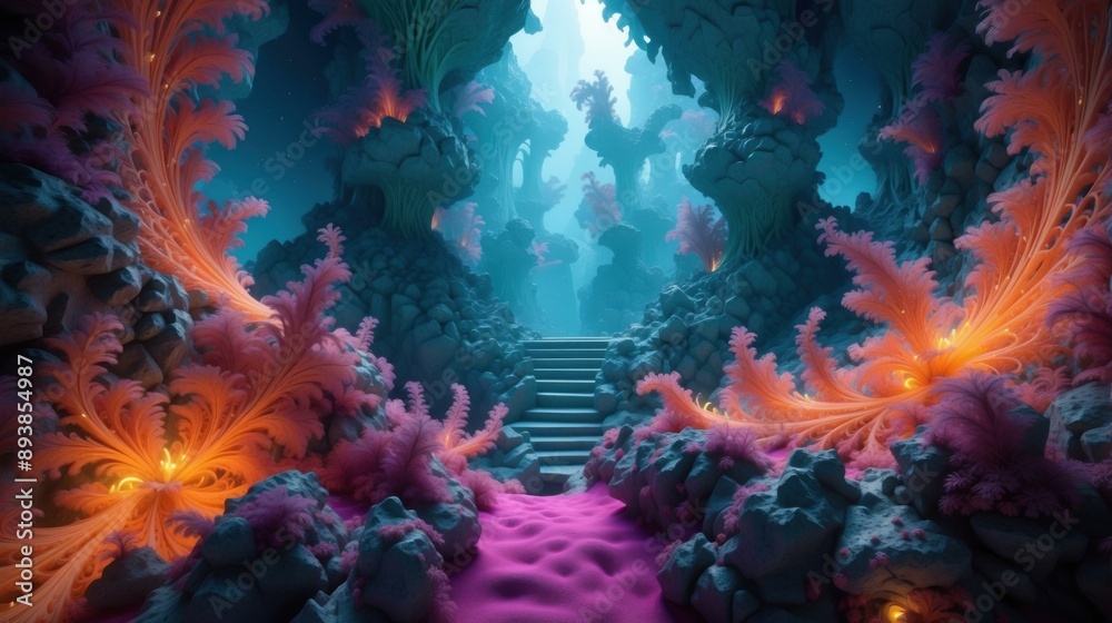 Fototapeta premium A mystical pathway through an alien landscape. AI.