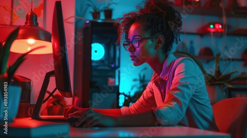 Overburdened female professional working remotely on computer appears stressed and exhausted. photo