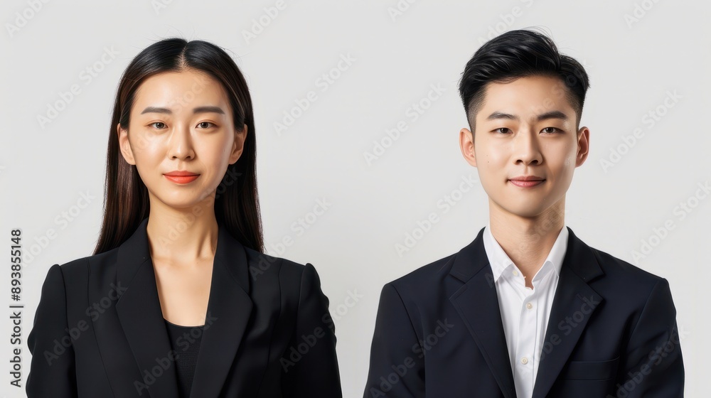 Photo of two young Asian business people on white background : Generative AI Photo of two young Asian business people on white background : Generative AI