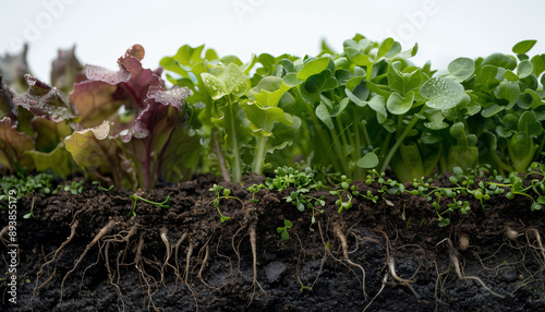 Real roots of salad garden in cross-section with lush green tops.