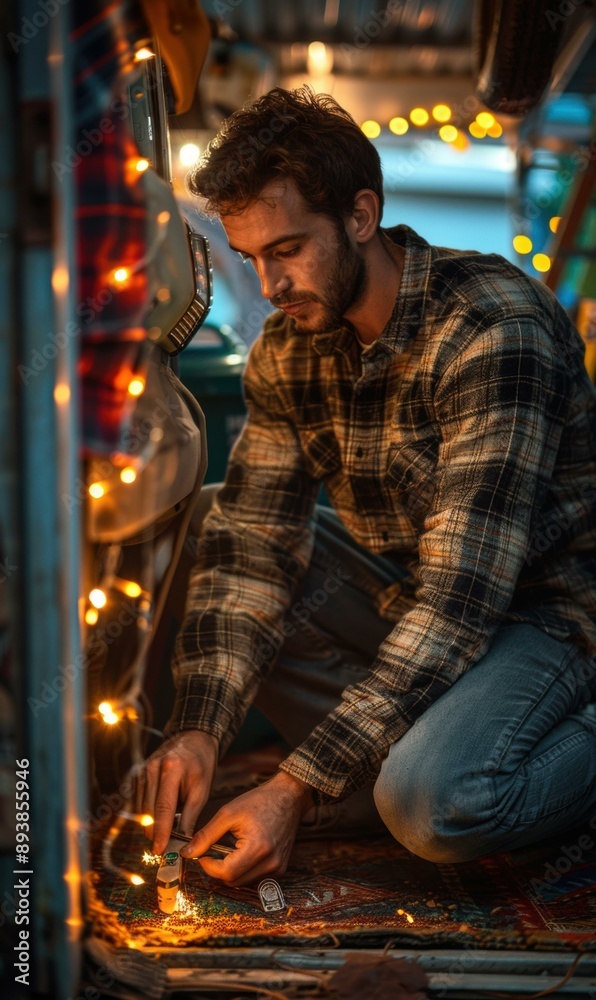 A man lights a match inside a vehicle. AI. A man lights a match inside a vehicle. AI.