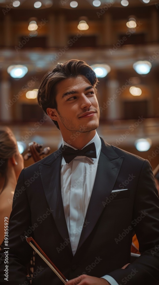 A man in a tuxedo holds a violin bow, looking thoughtfully at something off-camera. AI.