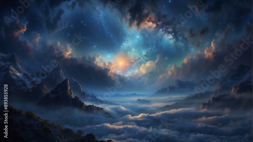 Mountains rise above a sea of clouds under a starry sky. AI.