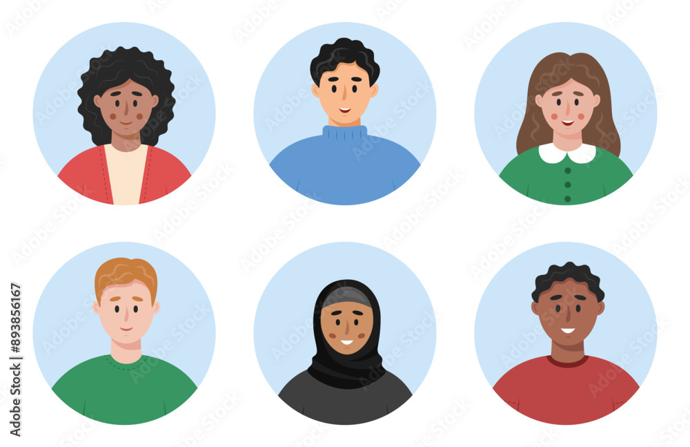 Young people icons. Smiling person round avatars. Diverse people portraits set. Faces of different young man and woman. Vector illustration in flat style. Young people icons. Smiling person round avatars. Diverse people portraits set. Faces of different young man and woman. Vector illustration in flat style.