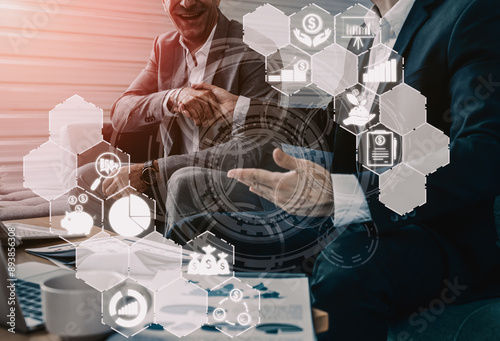 Finance and Money Transaction Technology Concept. Icon Graphic interface showing fintech trade exchange, profit statistics analysis and market analyst service in modern computer application. uds photo