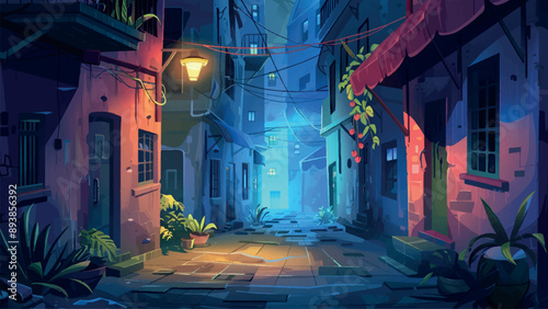 Ghetto Street at Night Cartoon Background Environment for Adventure Mobile Game Urban Night Scene Dark City Alley Cartoon Style Artistic Illustration Adventure Gaming Setting