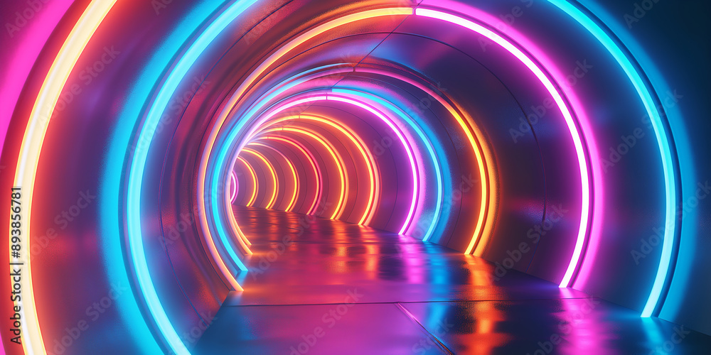 Neon tunnel glowing with vibrant shapes leading to infinity Neon tunnel glowing with vibrant shapes leading to infinity