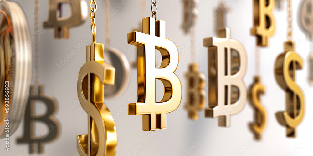 Golden bitcoin and dollar symbols hanging on chains representing the choice between traditional currency and cryptocurrency investment Golden bitcoin and dollar symbols hanging on chains representing the choice between traditional currency and cryptocurrency investment