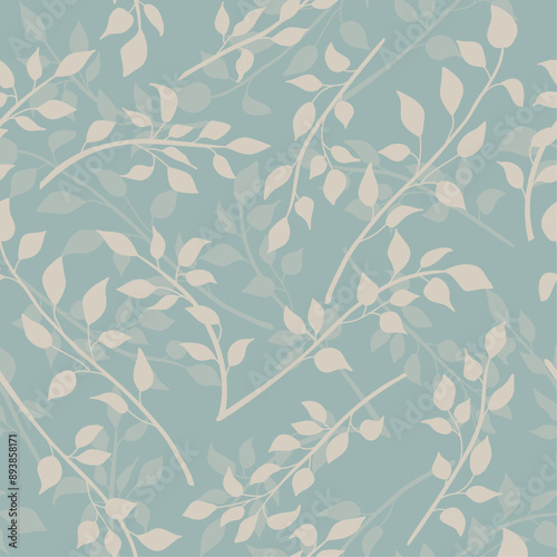 Seamless pattern of branches with leaves on blue background