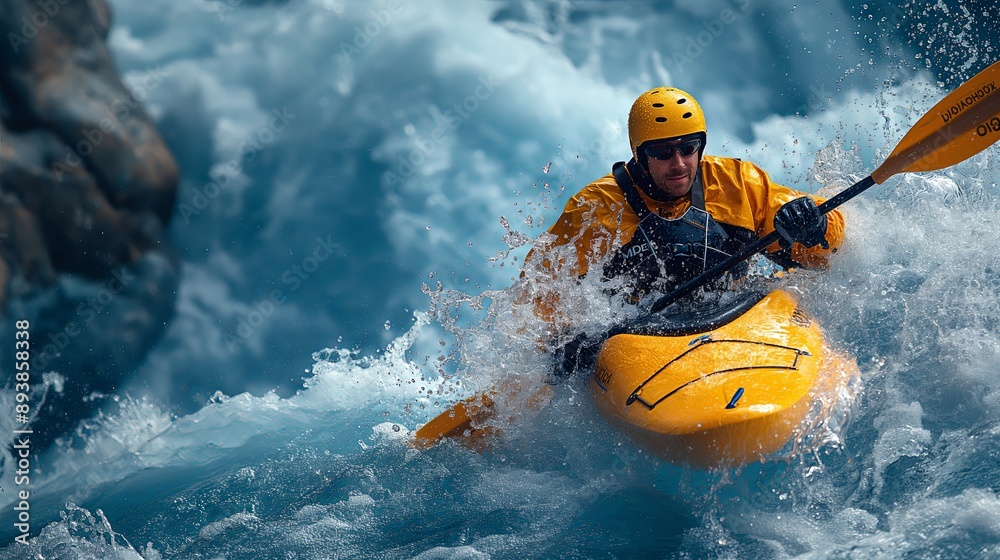 Man Kayaking in Rapid Waters, Ideal for Adventure and Sports Concepts Man Kayaking in Rapid Waters, Ideal for Adventure and Sports Concepts