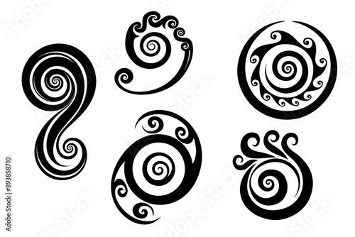 A set of Maori Polynesian style koru spirals, icon minimalist style. Vector illustration. Isolated on transparent background.	