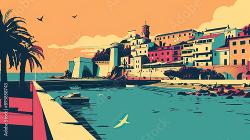 Risograph stencilled riso print travel poster, card, wallpaper or banner illustration, modern, isolated, clear, simple of Pescara, Italy. Artistic, screen printing, stencil © Goodwave Studio