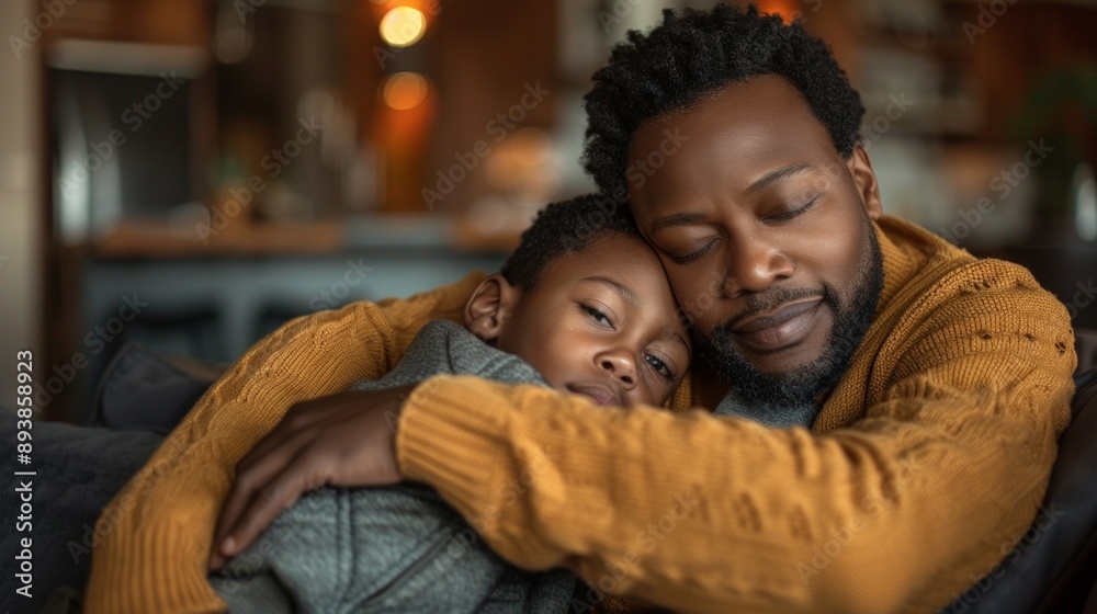 Fototapeta premium A touching image shows a Black man and boy in a cozy embrace on a couch, radiating peace and love. The man's arm around the boy signifies comfort and protection, creating an and loving atmosphere.