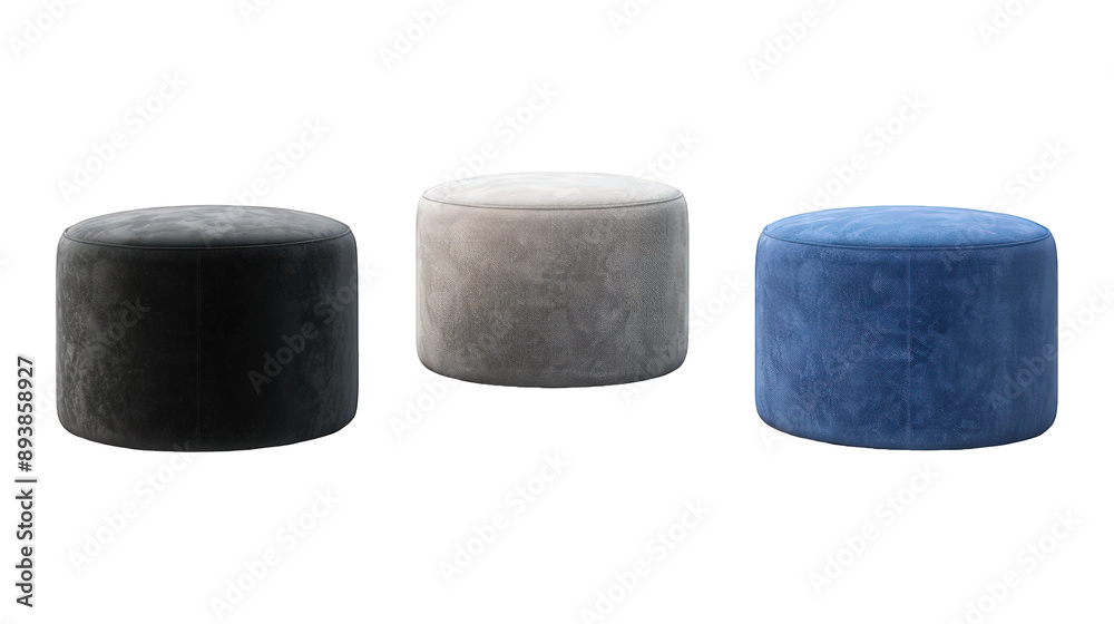 Collection Of Assorted Ottoman Stools Black Grey And Blue For Home Interiors And Advertising isolated on transparent background. Generative ai Collection Of Assorted Ottoman Stools Black Grey And Blue For Home Interiors And Advertising isolated on transparent background. Generative ai