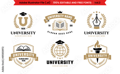 University, college, school or academy classic style logo set Vol 2. Education label, emblem or badge collection with editable text.