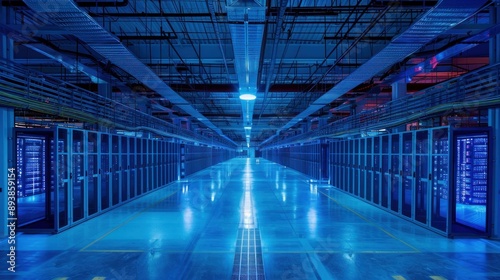 A long corridor in a data center illuminated by blue lights and lined with rows of server racks