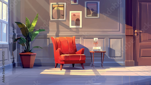 Interior Empty Room with Designer Upholstered Armchair and Coffee Table Cartoon Environment Modern Home Setting Stylish Furniture Cozy Living Space Graphic Design Elements