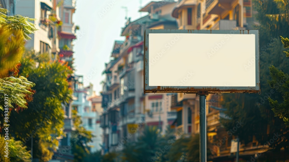 A blank billboard stands out against a background of blurred city buildings A blank billboard stands out against a background of blurred city buildings