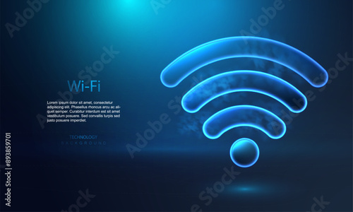 Wifi symbol icon, wireless network digital innovation concept, free internet zone symbol, futuristic technology with blue neon glow in the clouds, vector business connect background