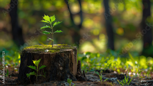 A young tree emerging from an old tree stump