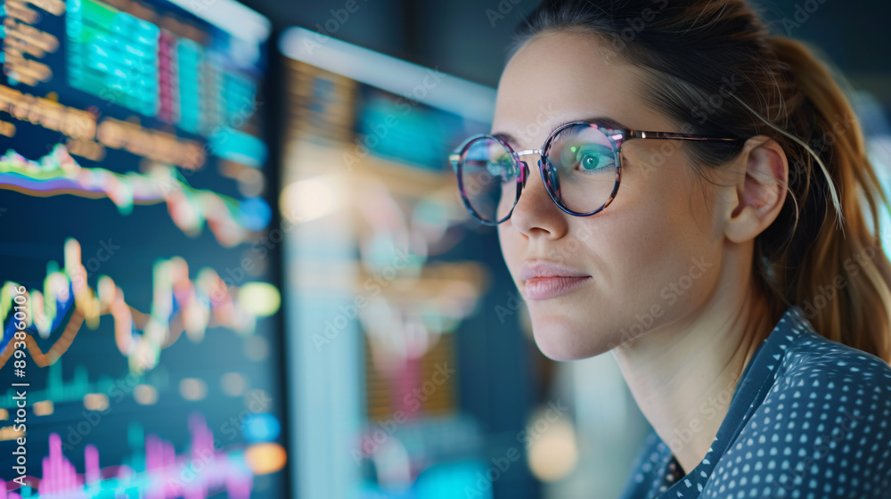 A woman wearing glasses is looking at a computer screen with many graphs. She is focused and attentive to the data displayed A woman wearing glasses is looking at a computer screen with many graphs. She is focused and attentive to the data displayed