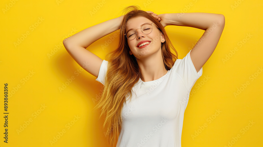 Young woman wearing white shirt mockup, at yellow background. Design tshirt template, print presentation mock-up. AI generated Young woman wearing white shirt mockup, at yellow background. Design tshirt template, print presentation mock-up. AI generated