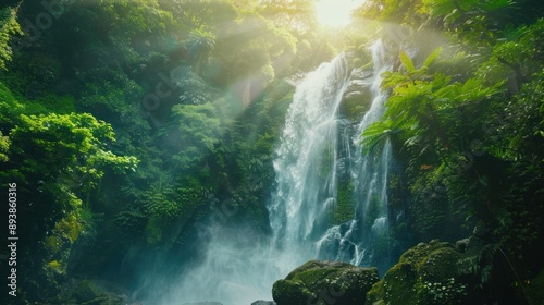 A cascading waterfall in a lush tropical jungle bathed in sunlight