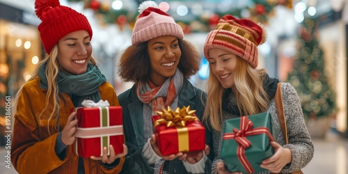 Friends come together to celebrate Christmas with gifts in a joyous and festive mood, sharing happiness, laughter, and the spirit of giving and togetherness during the holiday season