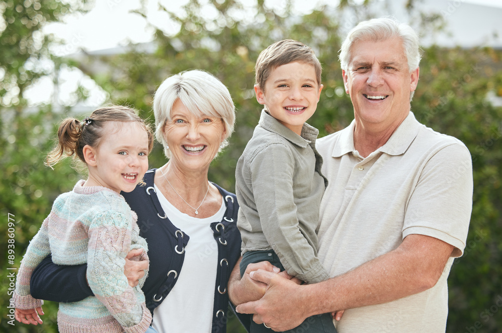Outdoor, boy and girl in portrait with grandparents, caring and bonding together for weekend holiday. Happy family, grandpa and grandma with children for playing, relationship and embrace in nature Outdoor, boy and girl in portrait with grandparents, caring and bonding together for weekend holiday. Happy family, grandpa and grandma with children for playing, relationship and embrace in nature
