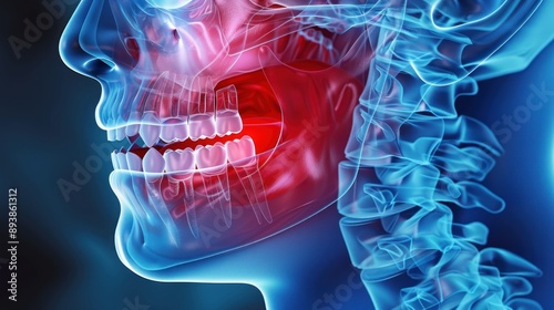 A 3D rendering of a human jaw with translucent teeth and a redhued gum line