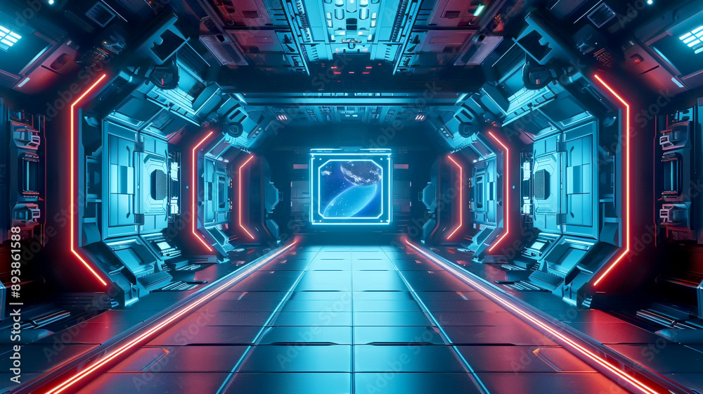 Fototapeta premium Futuristic spaceship corridor with red and blue lighting