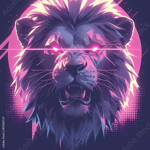 Lion digital illustration. Animal lion concept poster. Creative graphic design. Lion illustration badge for t-shirt design. Cyberpunk and waporwave style. Graphic design art. AI artwork. photo