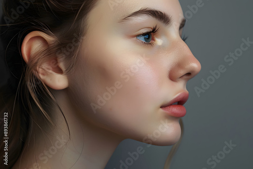 Side view of woman with bumpy aquiline nose in front of gray background