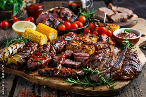 Assorted Grilled Meat Platter with Vegetables and Sides on Rustic Wooden Table - High-Quality Barbecue Spread Image for Food Blogs and Menu - generative ai