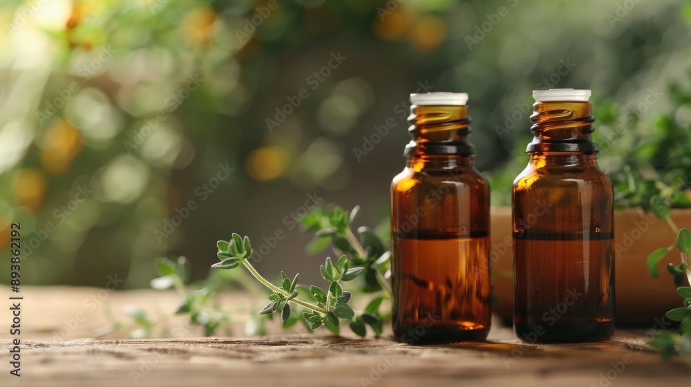 Thyme essential oil in green thyme leaves Two small brown glass bottles Space for text Thyme essential oil in green thyme leaves Two small brown glass bottles Space for text