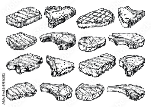 Meat Steak Vintage Engraving Icons Set BBQ Beef Line Sketch Crisp Contours Classic Design Elements Barbecue Illustrations Culinary Art Food Graphics Gourmet Cooking Retro Style