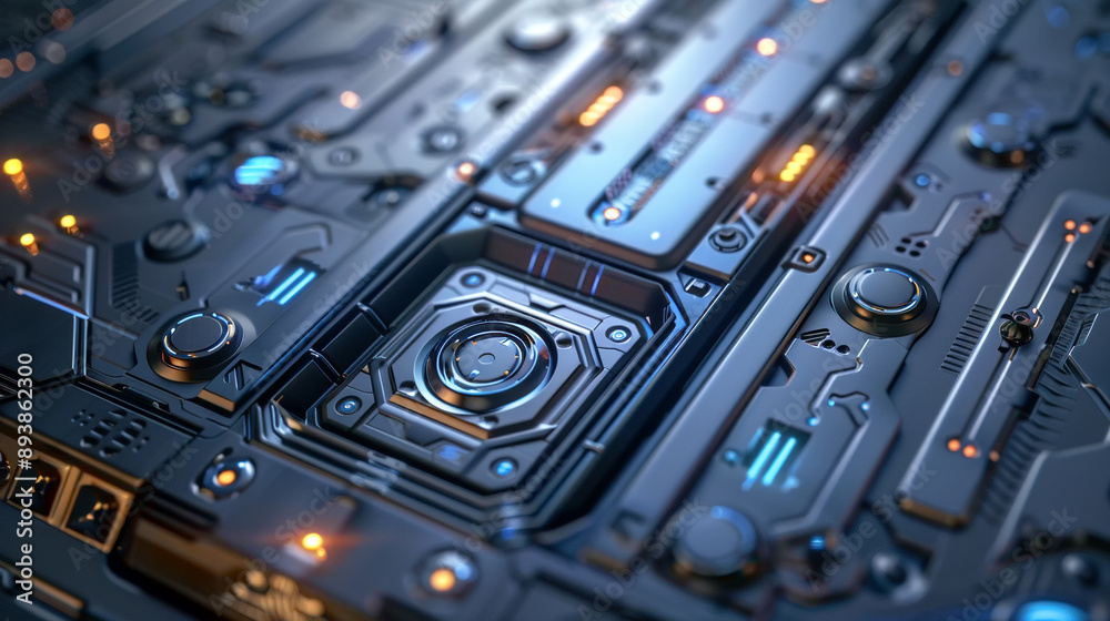 Futuristic technology panel close up with glowing lights and detailed circuitry Futuristic technology panel close up with glowing lights and detailed circuitry