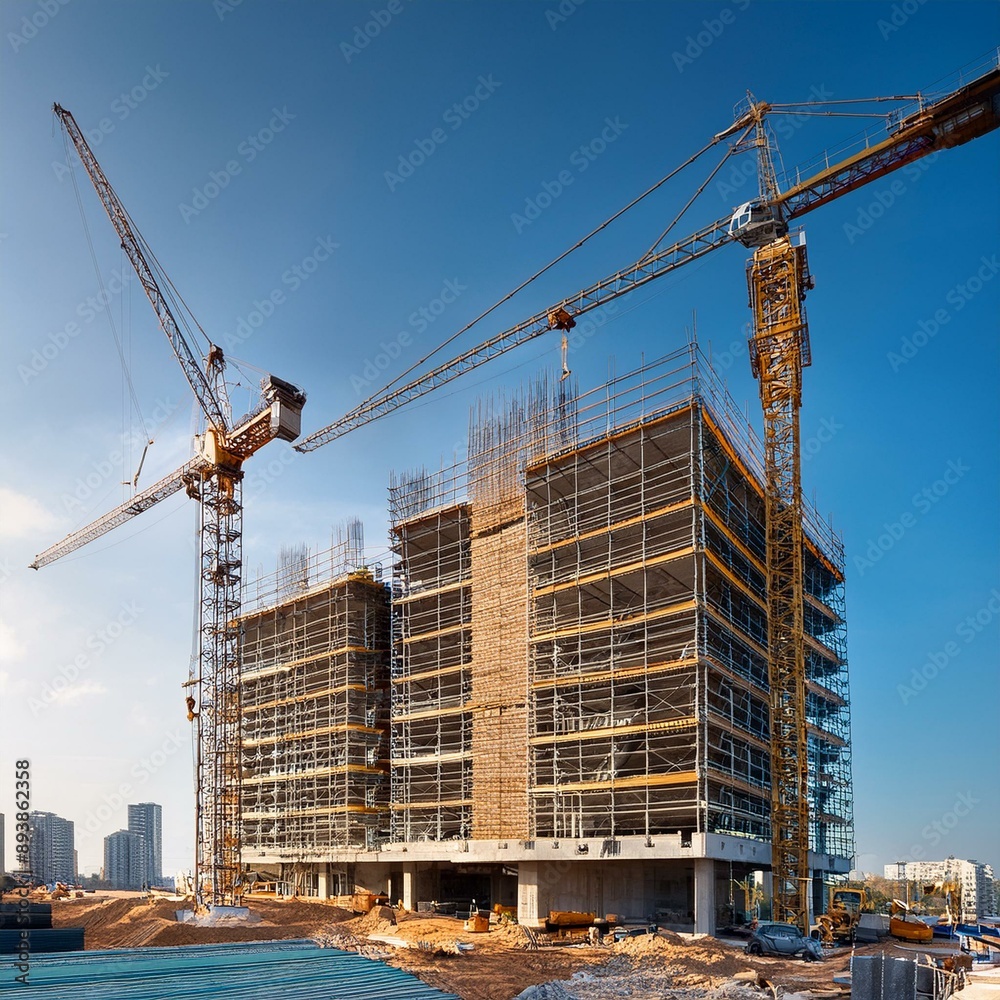 Cranes and scaffolding creating modern luxury living space in condominium construction site. Cranes and scaffolding creating modern luxury living space in condominium construction site.