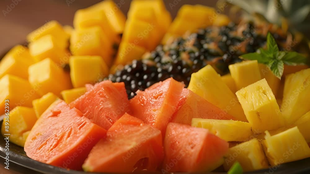 A detailed shot of a plate of fresh fruit featuring a variety of tropical options like papaya pineapple and mango. A detailed shot of a plate of fresh fruit featuring a variety of tropical options like papaya pineapple and mango.