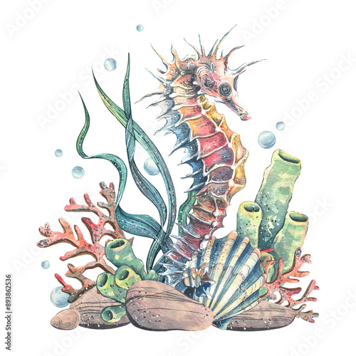 Photography Seahorses, seashell, coral, starfish, sea sponge, algae, pebbles and bubbles