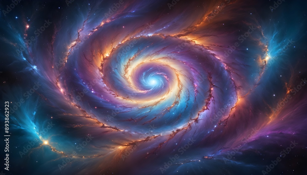 A colorful and vibrant spiral galaxy with swirling clouds of gas and dust in shades of purple, orange, and blue against a dark background A colorful and vibrant spiral galaxy with swirling clouds of gas and dust in shades of purple, orange, and blue against a dark background