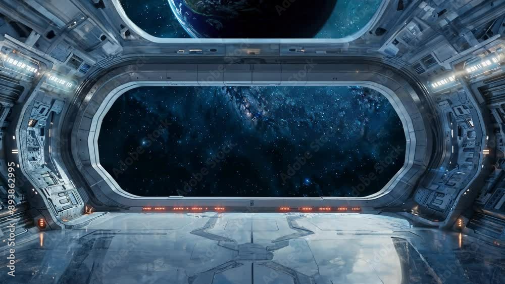 l'intérieur d'un vaisseau spatial qui avance dans l'espace, une planète apparait - grande scène pour présentation de produit ou de texte