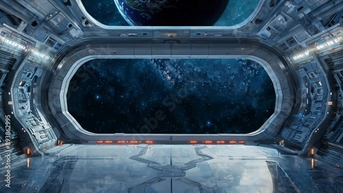 l'intérieur d'un vaisseau spatial qui avance dans l'espace, une planète apparait - grande scène pour présentation de produit ou de texte