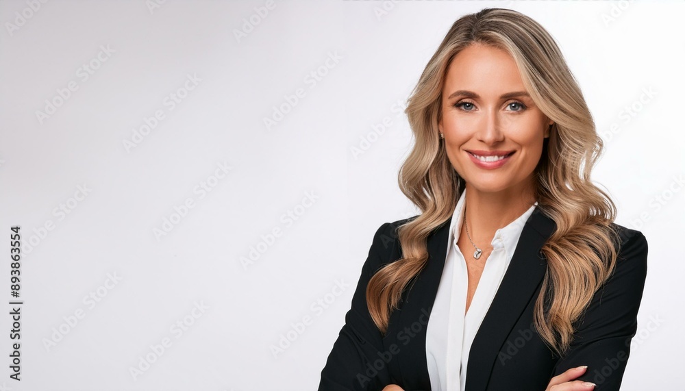 Professional woman exudes confidence and success against a white backdrop. Professional woman exudes confidence and success against a white backdrop.