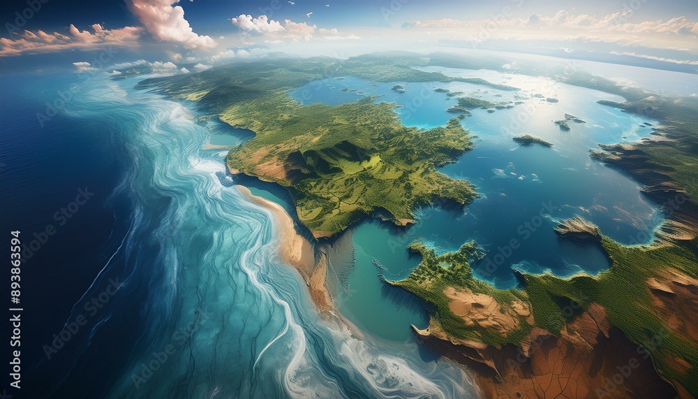 Satellite view showcases impact of rising sea levels on coastal regions due to climate change. Satellite view showcases impact of rising sea levels on coastal regions due to climate change.