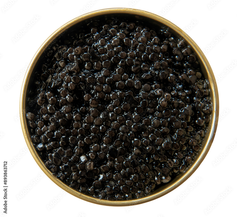 Black caviar in an open tin can isolated on white background. Top view. Gourmet seafood delicacy. Black caviar in an open tin can isolated on white background. Top view. Gourmet seafood delicacy.