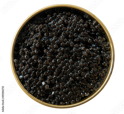 Black caviar in an open tin can isolated on white background. Top view. Gourmet seafood delicacy.