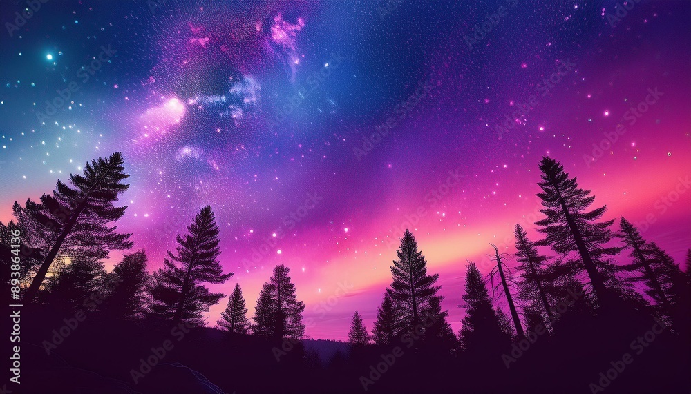 Naklejka premium Vibrant cosmic violet and pink gradient sky with stars above silhouette forest trees.