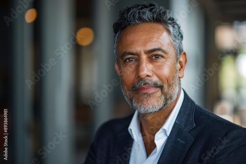 Headshot close up portrait of latin confident mature good looking indian middle age leader, ceo male businessman on blur office background. Handsome hispanic senior business man smiling, Generative AI © Art Gallery